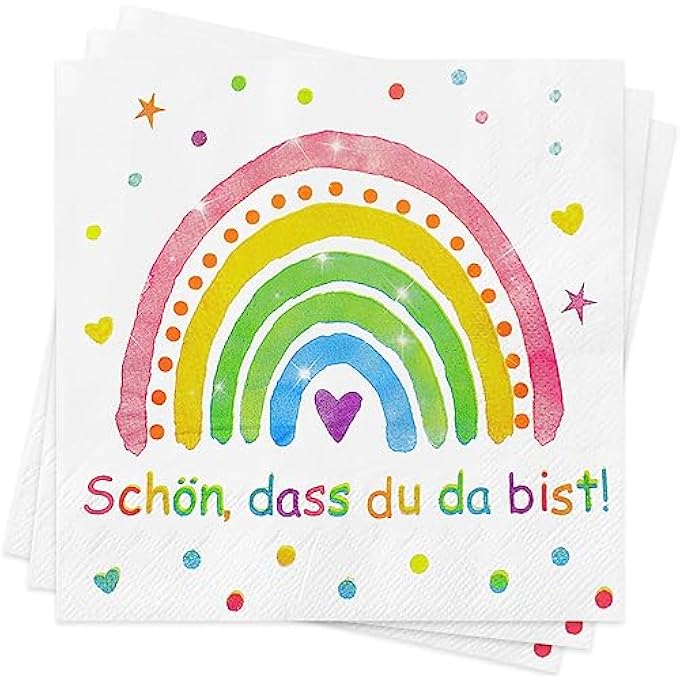 NAPKINS RAINBOW SCHN DASS DU DA BIST, PACK OF 60 NAPKINS FOR CHILDREN'S BIRTHDAY, BABY SHOWER, CHRISTENING, CONFIRMATION, COMMUNION TABLE DECORATION, FOR BOYS AND GIRLS (RAINBOW 60) - Image 1